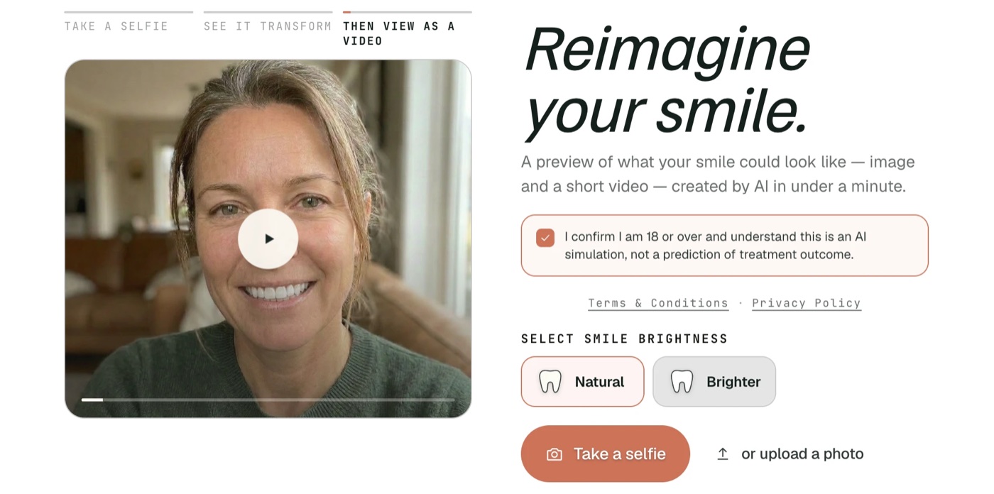 The Dentalreel smile simulator on a practice's own website: take a selfie, see it transform, then view it as a video